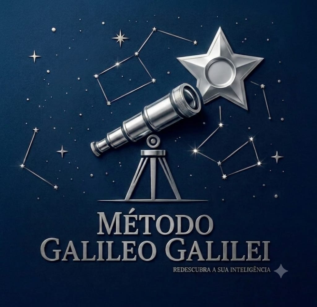 Logo do Método Galileo Galilei com telescópio e estrela prateada