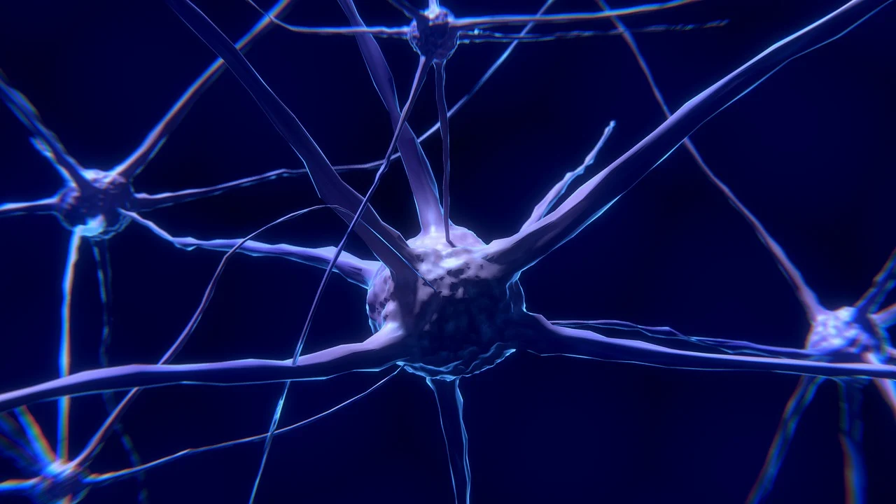 Rede de neurônios conectados por sinapses luminosas em fundo azul escuro